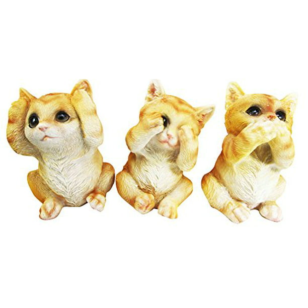 Large Wooden Hand Carved See Hear Speak No Evil 3 Wise Cats Cat Statue Set Of 3 